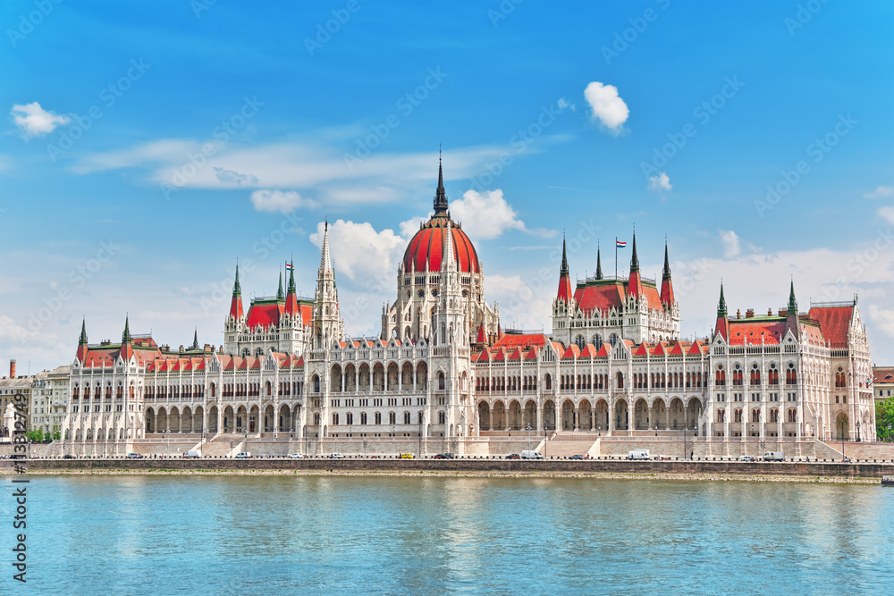 Fototapeta premium Hungarian Parliament at daytime. Budapest. View from Danube rive