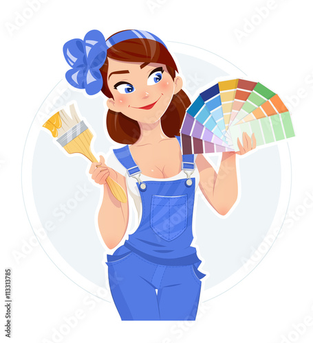 Beautiful girl with paint brush and color swatches