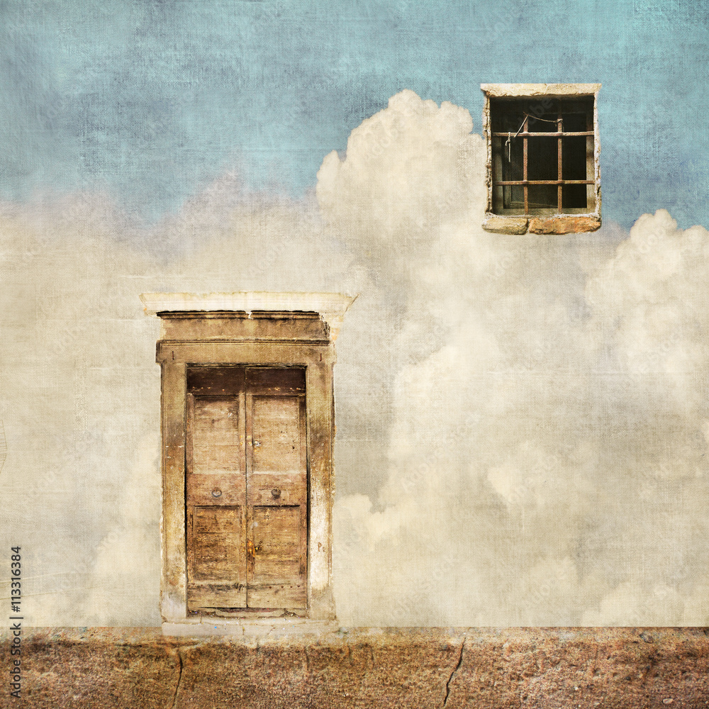 Surreal landscape with old door and window on cloudy sky - obrazy, fototapety, plakaty 