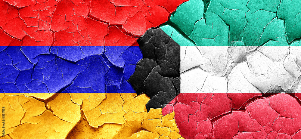 Armenia flag with Kuwait flag on a grunge cracked wall