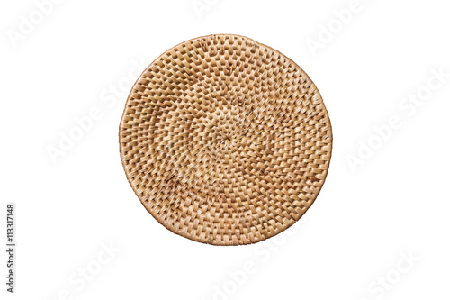 Round handmade weave rattan tray or seating surface texture, isolated on white background 