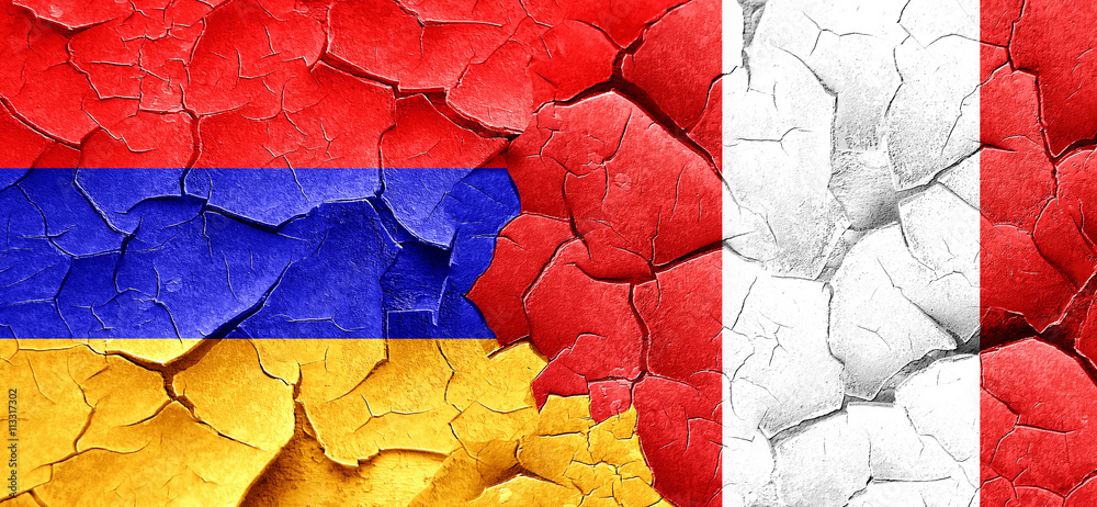 Armenia flag with Peru flag on a grunge cracked wall Armenia flag with Peru flag on a grunge cracked wall