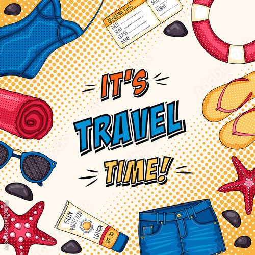 Summer travel pop art background with beach accessories