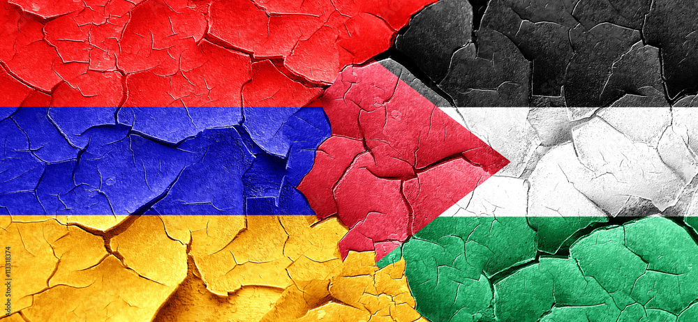 Armenia flag with Palestine flag on a grunge cracked wall