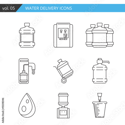Set thin line water delivery icon isolated on white background,