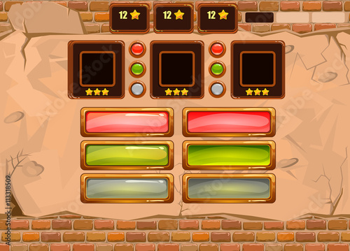Brick background with cracks on the wall. Buttons and items for the game.