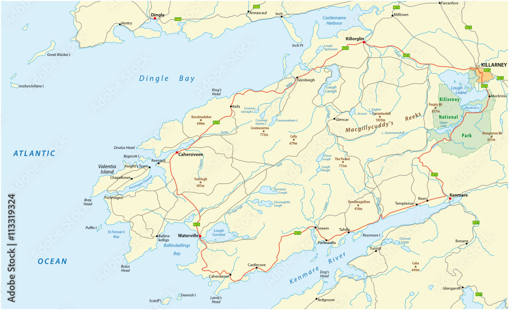 map of tourist panoramic coastal road Ring of Kerry, ireland