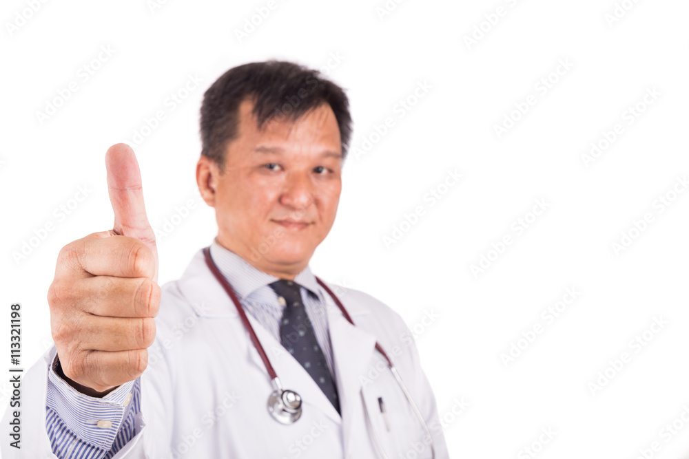 Matured Asian male medical doctor displays thumb up Matured Asian male medical doctor displays thumb up