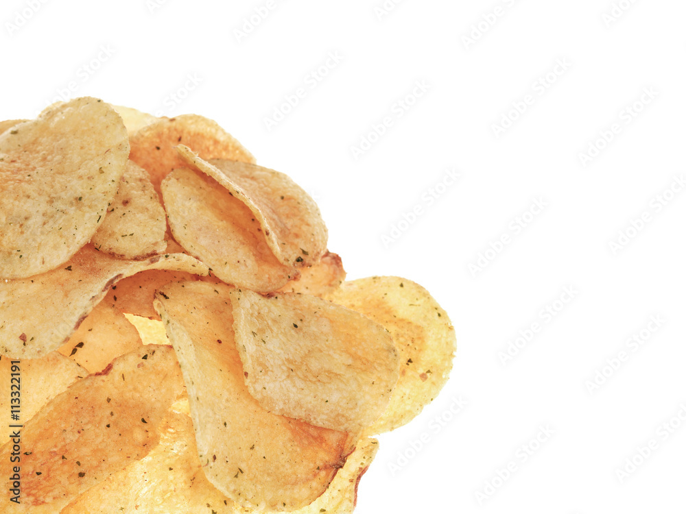 Handful of Flavored Potato Crisps Against a Plain White Backgrou