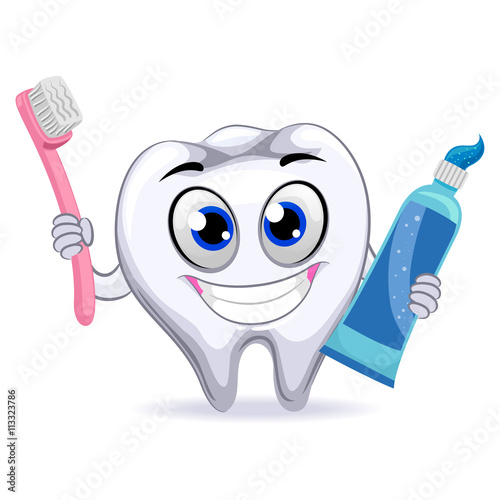 Vector Illustration of Tooth Holding Toothbrush and Tooth paste