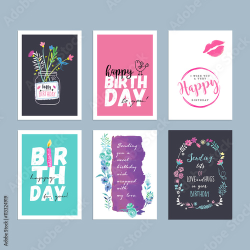 Set of hand drawn watercolor birthday greeting cards. Vector illustration concepts for website banners and print material.