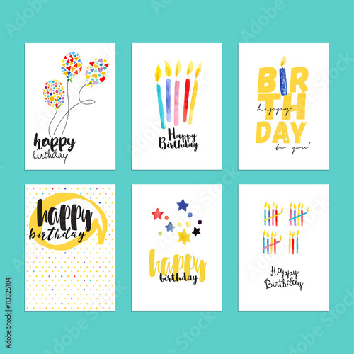 Birthday greeting cards collection. Hand drawn watercolor vector illustration concepts for website banners and print material.