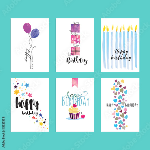Set of birthday greeting card templates. Hand drawn watercolor vector illustrations for website banners, greeting cards, invitations.