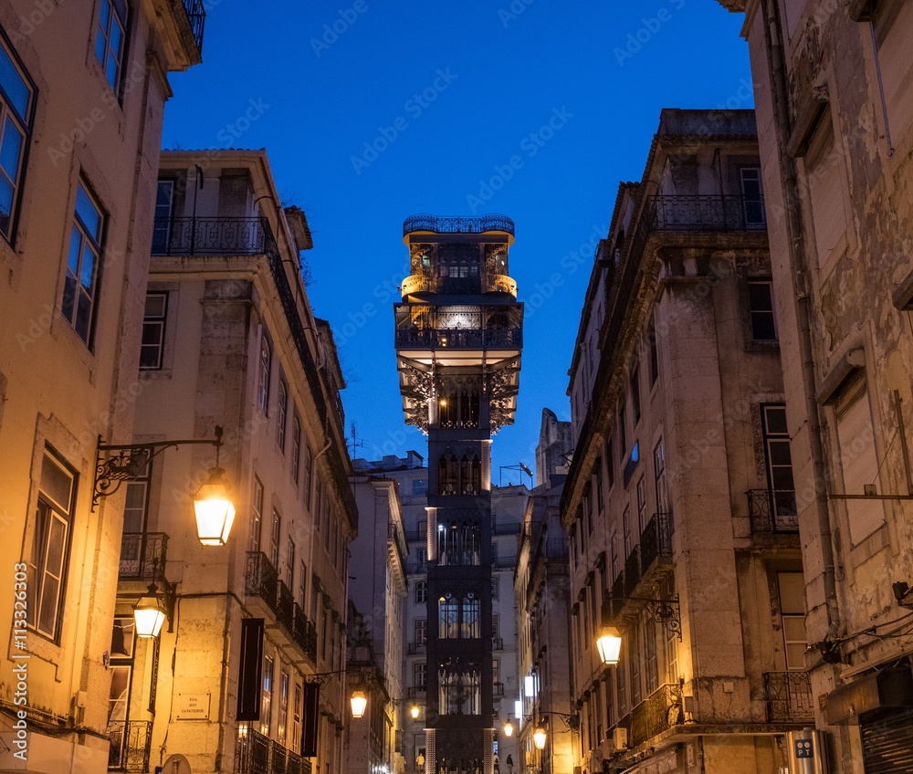 View of illuminated elevator the Santa Justa in Lisbon, Portugal.