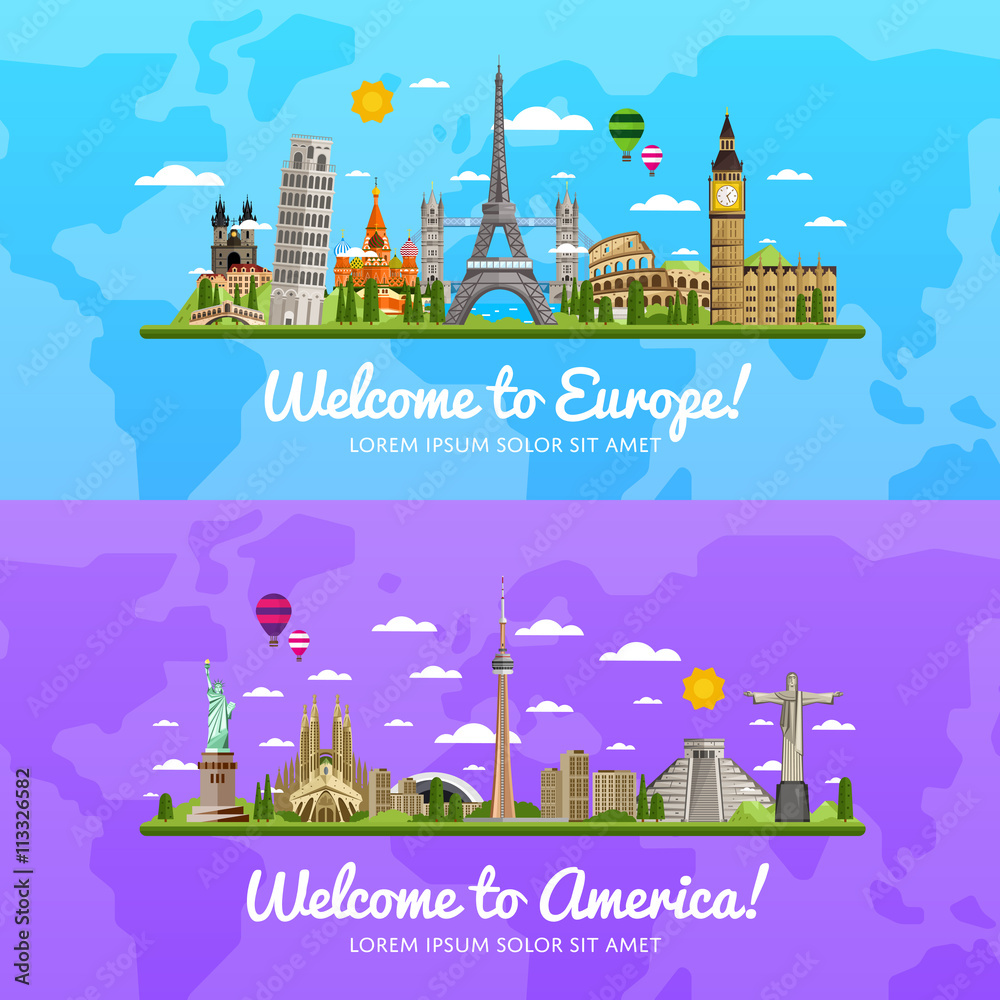 Welcome to Europe and America, travel on the world concept, traveling flat vector illustration.