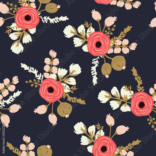 Hand drawn rose seamless modern floral pattern