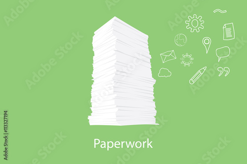 paper work document with icon flying on the right vector graphic
