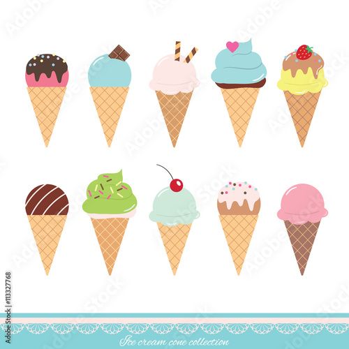Cartoon ice cream cone set. Flat icons.