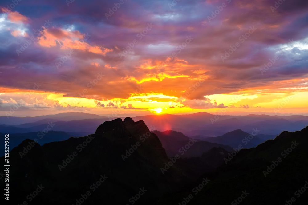 Majestic sunset in the peak of sub alpine mountains landscape co