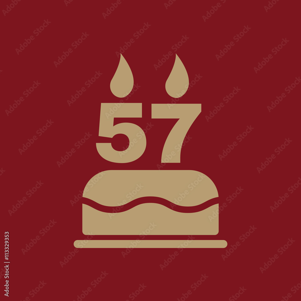 The birthday cake with candles in the form of number 57 icon. Birthday symbol. Flat The birthday cake with candles in the form of number 57 icon. Birthday symbol. Flat