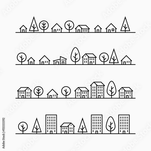 Outline buildings and trees in line, 4 different styles, small city, town or village, vector illustration graphic