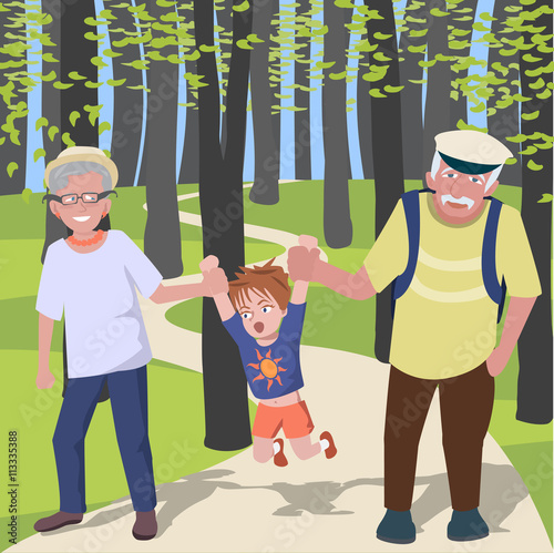 grandchild with grantparents walking at park
