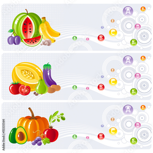 Fototapeta Naklejka Na Ścianę i Meble -  Food and drink icon set for healthy eating. Fruits, vegetables, berries, nuts table shows all necessary vitamins and food that contains them.