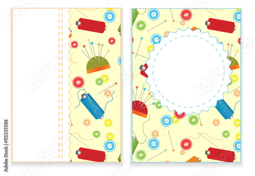Sewing materials, threads, needles, pins, buttons, advertising pattern