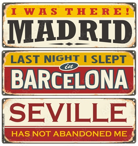 Unique retro tin sign collection with cities in Spain