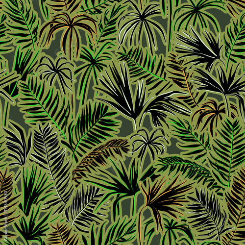vector seamless graphical artistic topical foliage pattern, tropics, palm leaf, fern frond, cyperus, decorative colorful, summer time, original, fashionable background allover tropical print