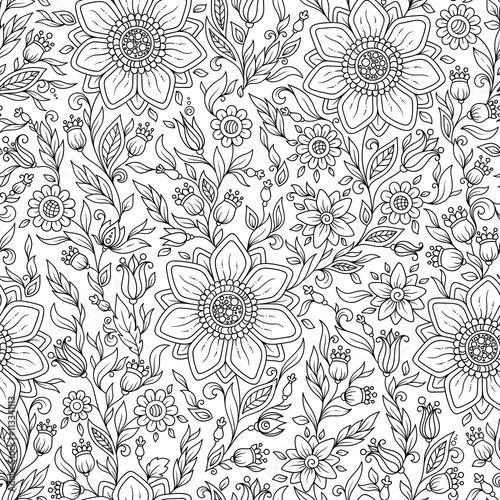 Vector Seamless Monochrome Floral Pattern.