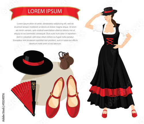 Vector illustration of woman dancer in spanish folk costume. Element of traditional flamenco equipment. Brunette girl get dressed hat on her head
