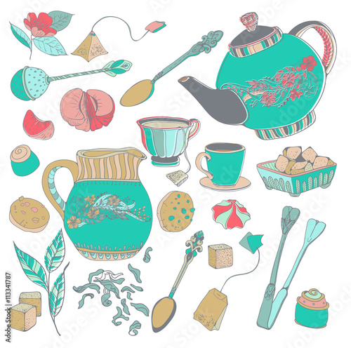 Tea time illustration with flowers