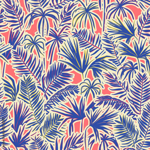 vector seamless graphical artistic topical foliage pattern, tropics, palm leaf, fern frond, cyperus, decorative colorful, summer time, original, fashionable background allover tropical print