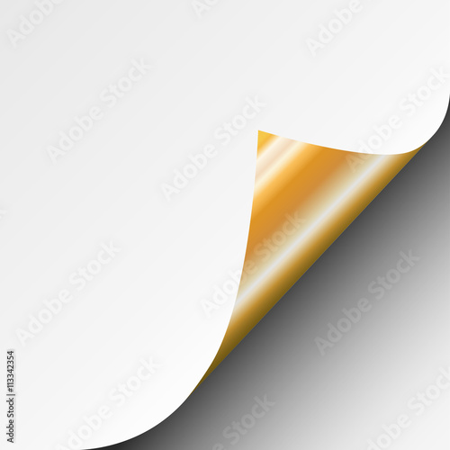 Page curl of a blank sheet of paper with gold glossy back of page