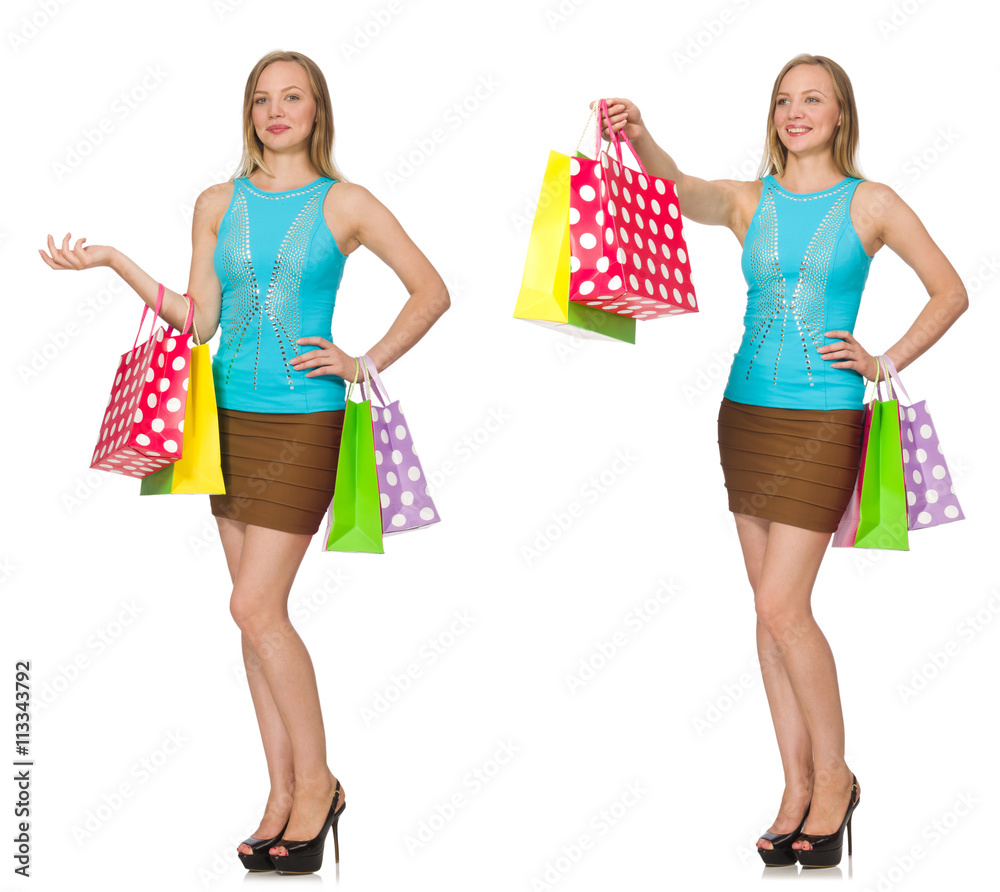 Woman with shopping bags isolated on white Woman with shopping bags isolated on white