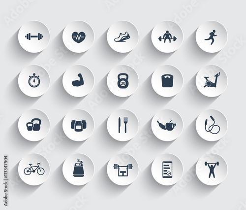 20 fitness icons, gym, workout, training, pictograms, icons on round 3d shapes, vector illustration