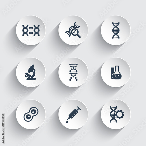 genetics icons, dna chain vector sign, genetic modification, dna research, laboratory icons on round 3d shapes