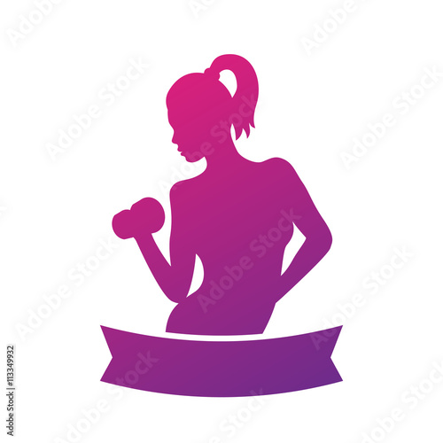 Fitness emblem, logo element with exercising athletic girl isolated on white, vector illustration
