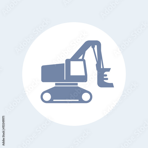 Forest harvester icon, track feller buncher, timber harvesting machine isolated on white, vector illustration