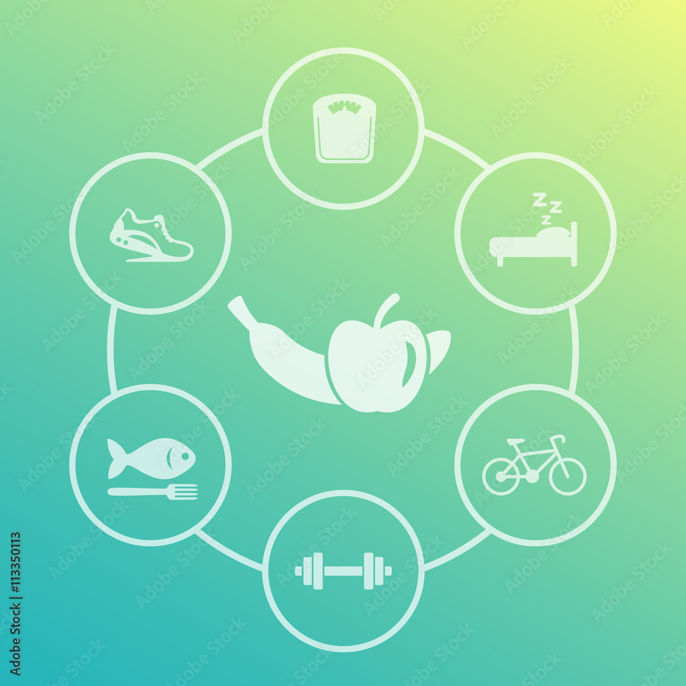 Fototapeta premium Healthy lifestyle icons set, diet, sleeping, fitness activity, relaxation, healthy food, vector illustration