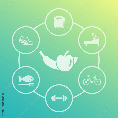 Healthy lifestyle icons set, diet, sleeping, fitness activity, relaxation, healthy food, vector illustration