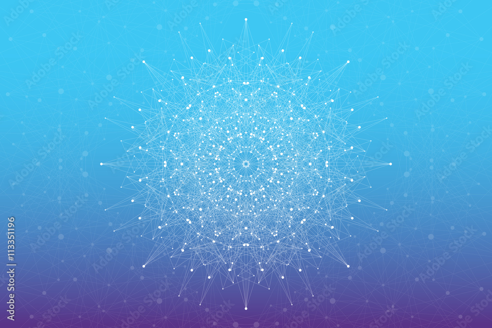 Geometric abstract molecule with connected line and dots. Graphic communication background for medicine, science, chemistry. Molecular structure dna or neuron composition. Vector illustration