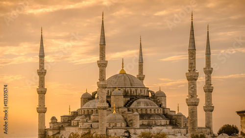 Blue mosque in glorius sunset, Istanbul, Sultanahmet park. The biggest mosque in Istanbul.
