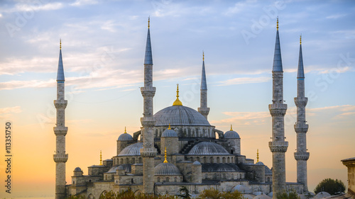 Blue mosque in glorius sunset, Istanbul, Sultanahmet park. The biggest mosque in Istanbul. photo
