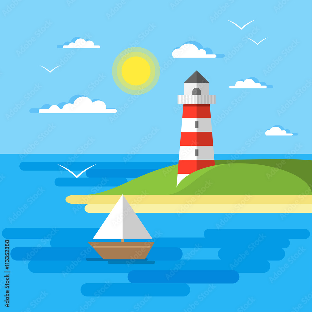 Flat summer vector landscape. Travel and sailing concept template with sun, clouds, sea, lighthouse, boat, yacht. Stylish trendy outdoor tourism, rest, vacation theme. Flat summer vector landscape. Travel and sailing concept template with sun, clouds, sea, lighthouse, boat, yacht. Stylish trendy outdoor tourism, rest, vacation theme.