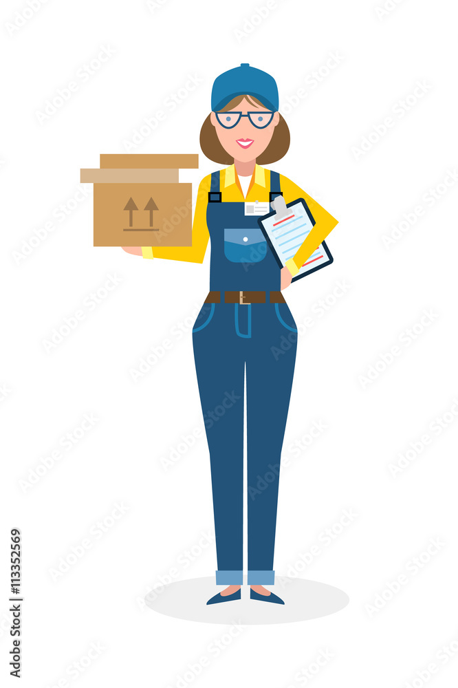 Delivery woman with parcel. Fast transportation. Isolated cartoon character  on white background. Postwoman, courier with clipboard and package. Stock  Vector | Adobe Stock