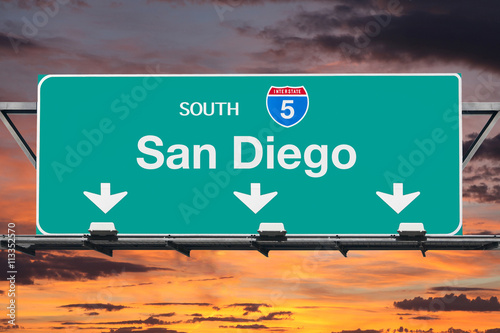 San Diego Interstate 5 South Highway Sign with Sunrise Sky