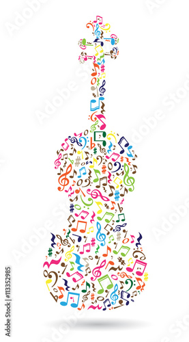 Isolated violin made of musical notes on white background. Colorful notes pattern. Note shape. Poster and decoration idea.