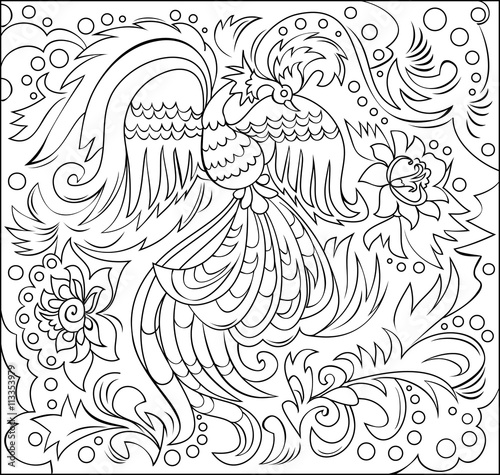 Black and white fantasy ornament  with fairyland bird for coloring. Developing children skills for drawing. Vector image.